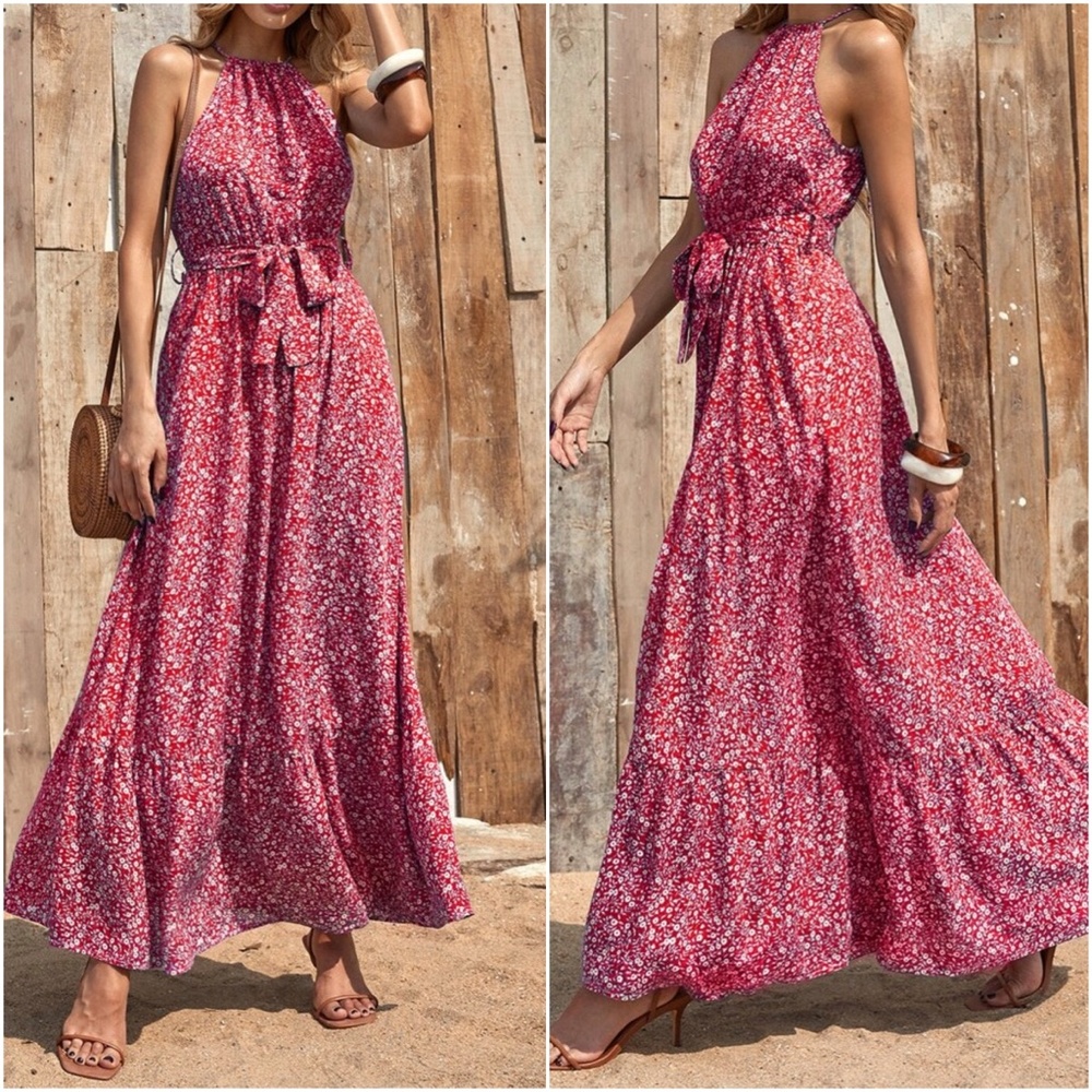 Boho Red Floral Print Ruffle Halter Maxi Dress - Picture 1 of 7